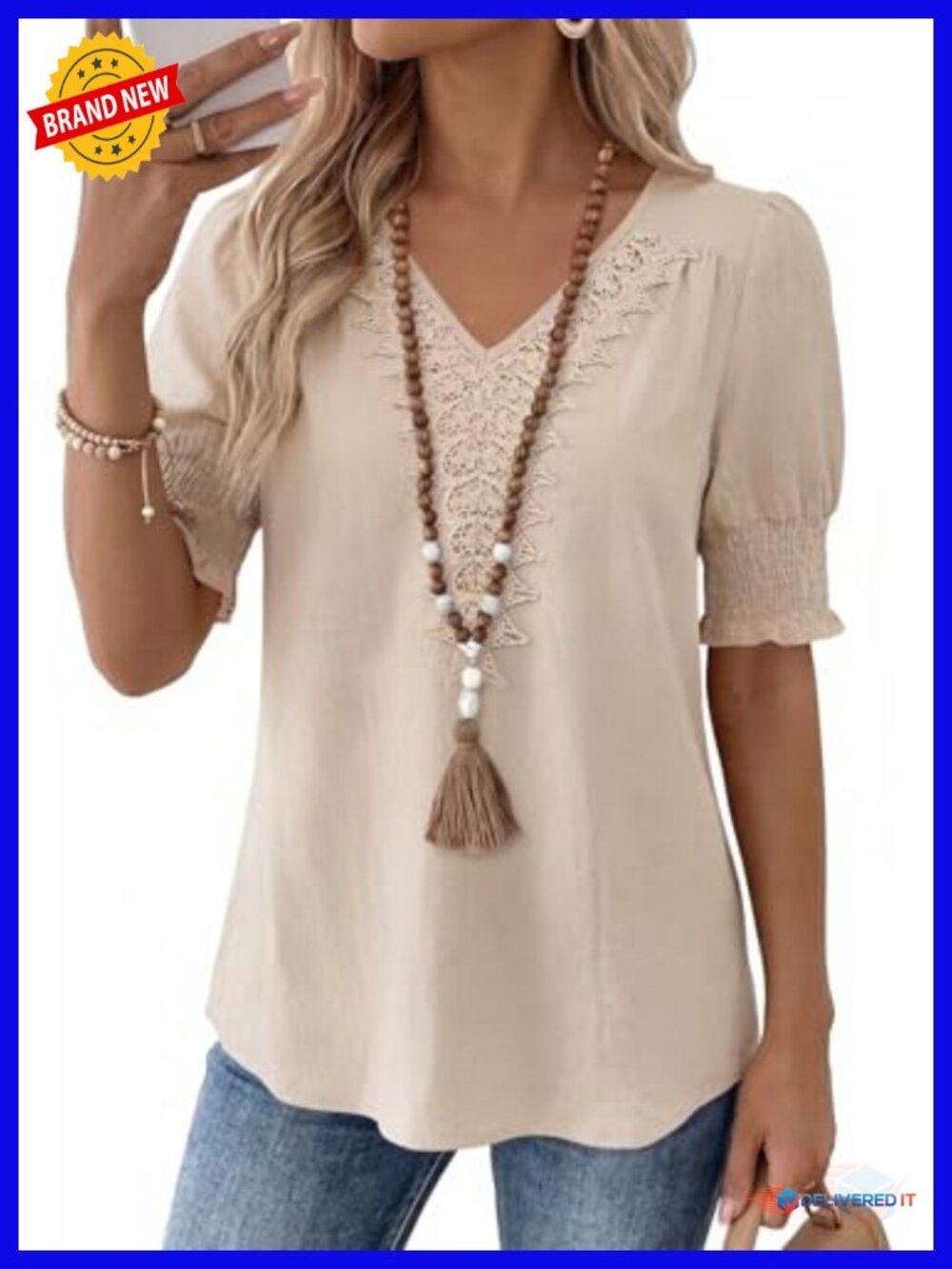 Womens Boho Lace V-Neck Blouse Short Puff Sleeve Casual Summer Top